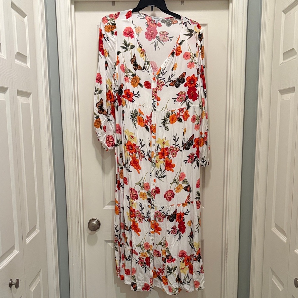 White Floral Maxi Dress with Pink & Orange Blooms